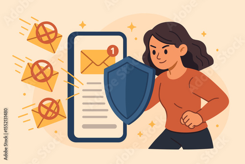 Cybersecurity concept protecting email from spam and phishing. Woman with shield defends mobile device from unwanted messages. Safe inbox, digital security, email protection vector illustration