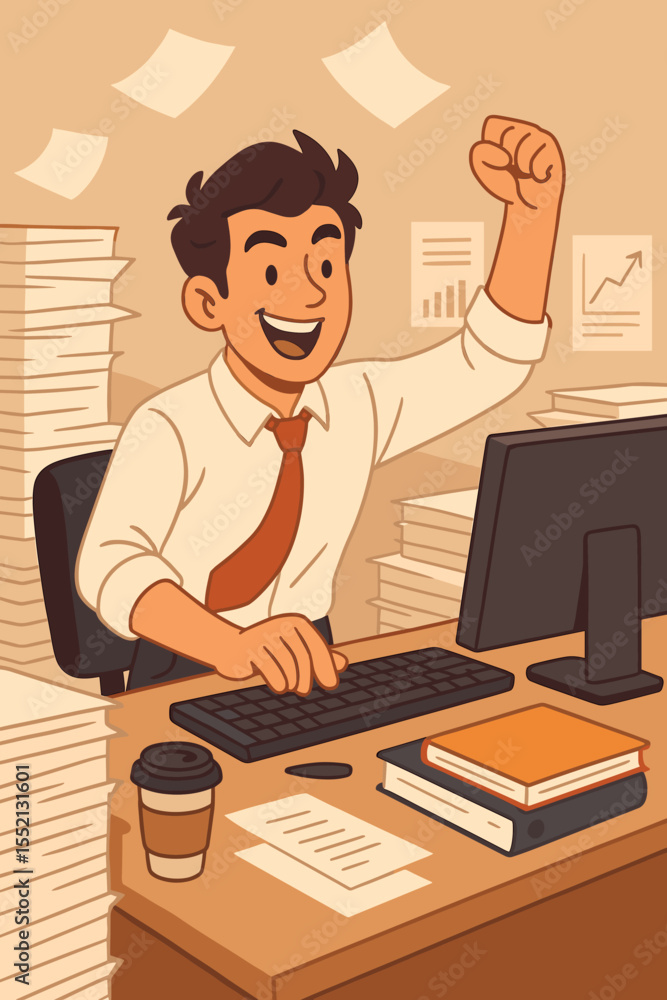 Motivated office worker celebrating success at desk with raised fist, paperwork stacks, coffee cup, computer, productivity growth charts, dynamic business environment, cartoon vector illustration Motivated office worker celebrating success at desk with raised fist, paperwork stacks, coffee cup, computer, productivity growth charts, dynamic business environment, cartoon vector illustration