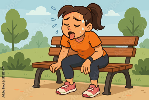 Tired woman sweating and catching breath after intense outdoor jogging, exhausted athlete resting on park bench, fitness fatigue, active lifestyle recovery, vector cartoon illustration
