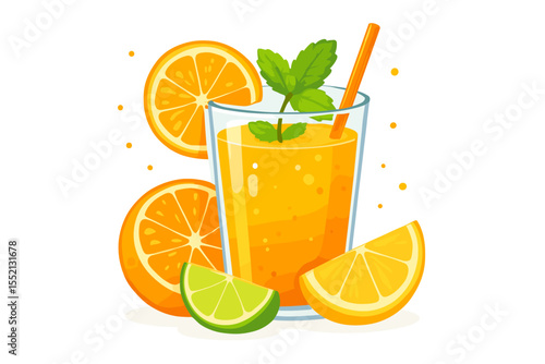 Refreshing orange juice with mint leaves and assorted citrus fruit slices. Summer drink. Healthy beverage illustration. Glass with straw, lime, lemon, orange. Fresh vitamin drink vector. Isolated.
