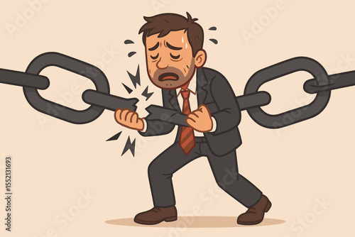 Stressed businessman straining to hold broken chain, crisis management, workplace conflict, failure, problem solving, business pressure, burnout, struggle, stress, leadership challenge concept