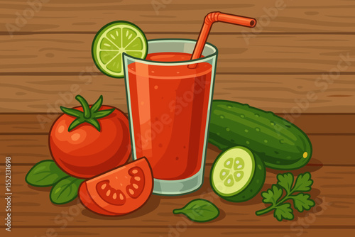 Fresh tomato juice with cucumber, lime, basil, and parsley on rustic wooden background. Healthy detox drink, organic vegetables, vegan beverage, cartoon vector illustration, natural ingredients