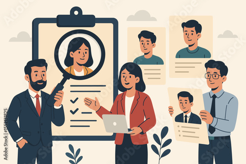Human resources team recruiting new employees, staff candidate selection, HR managers analyzing resumes, business recruitment process, corporate hiring, job interview, career opportunity concept