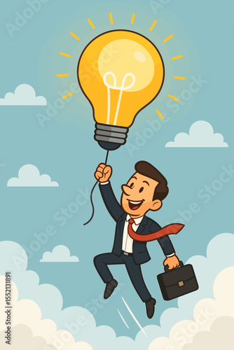 Creative businessman flying with bright idea lightbulb balloon, innovation success concept, motivation, leadership, opportunity, vector cartoon illustration, business vision, career ambition