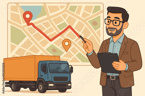 Logistics manager planning delivery route on map with cargo truck, route markers, clipboard. Transportation management, shipping coordination, freight logistics, supply chain concept illustration