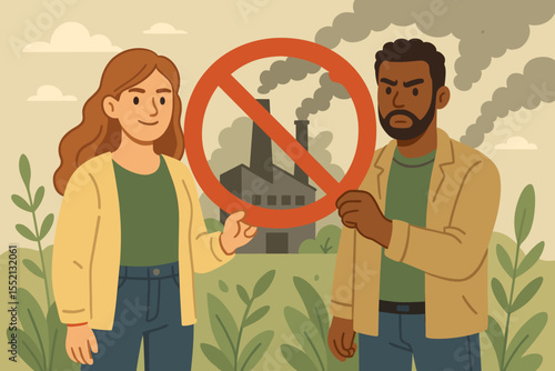 Diverse people holding red prohibition sign protesting factory air pollution, advocating environmental awareness, clean energy, sustainability, climate action, eco activism, vector illustration