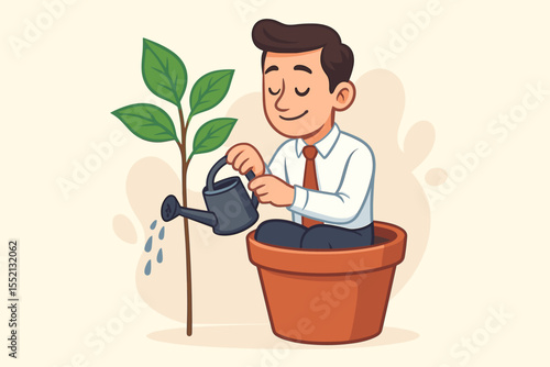 Businessman sitting in flowerpot watering plant, growth metaphor, personal development, self-improvement, self-care, nurturing success, motivation, cartoon vector illustration