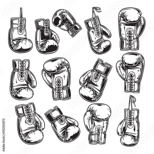 Monochrome boxing gloves collection vintage sports equipment vector illustration