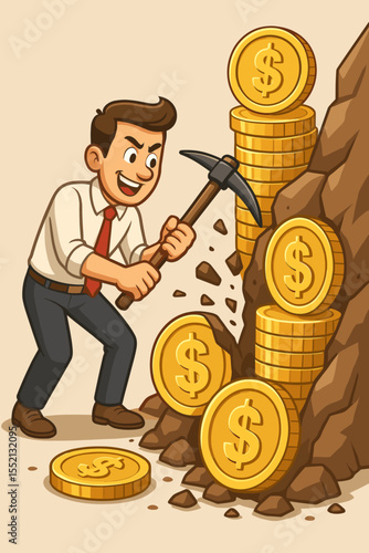 Cartoon businessman mining gold coins with pickaxe, financial success, hard work, wealth creation, money mining metaphor, investment effort, economic opportunity, fortune accumulation concept