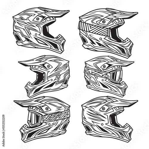 Motocross helmet line art collection for graphic design and motorsports illustration