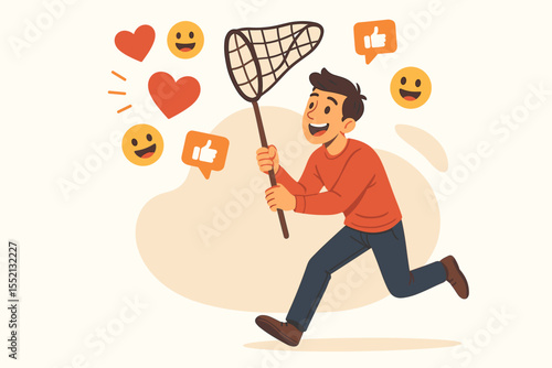 Man Chasing Social Media Likes and Approval with Net. Cartoon Illustration of Person Seeking Attention, Love, Heart, Thumbs Up, Emoji Reactions. Social Media Addiction, Validation, Networking