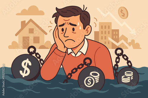 Worried Man Struggling with Debt Overload, Mortgage, Loans, Personal Finance Crisis, Economic Recession, Financial Stress, Money Problems, Sinking Burden, Vector Cartoon Illustration