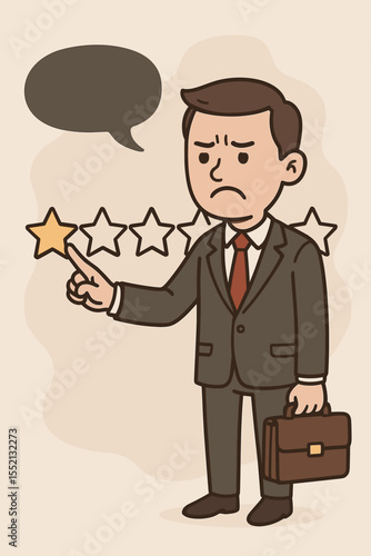 Unhappy Businessman Giving One Star Negative Customer Review Vector. Disappointed Client Rating Experience. Low Feedback. Poor Service Evaluation. Complaint Concept. Cartoon Character Illustration