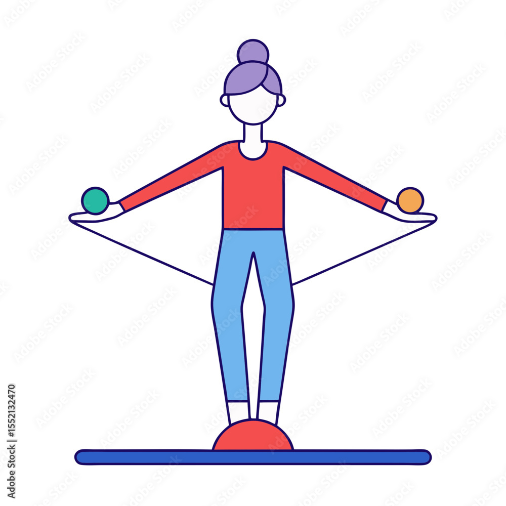 Fototapeta premium Person balancing on a platform while juggling colorful balls