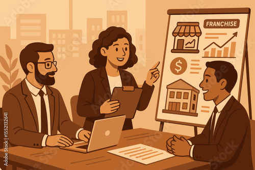 Business team planning franchise expansion, commercial property investment, real estate sales strategy, financial growth meeting, professional collaboration, office presentation illustration