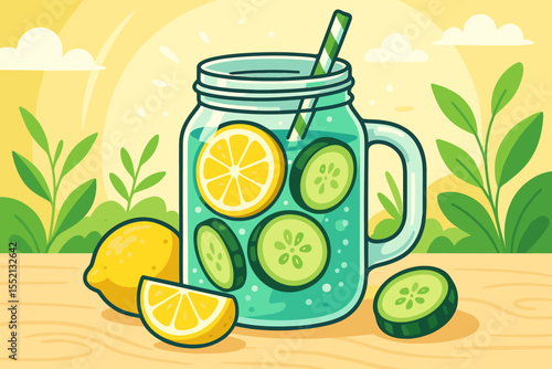 Fresh detox water with lemon and cucumber slices in mason jar, summer beverage, healthy drink, refreshing cartoon vector illustration, outdoor sunlight, natural ingredients, garden setting