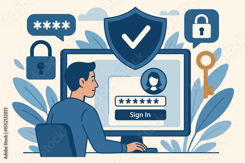 Cybersecurity login authentication concept. User entering password on computer. Secure account access, data protection, privacy, strong credentials, shield checkmark, padlock, key. Vector illustration