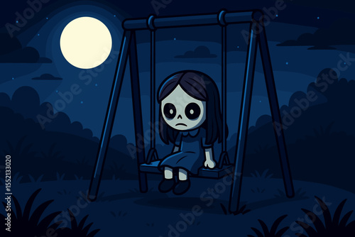 Lonely Sad Girl with Dark Eyes Sitting on Swing at Night, Full Moon, Mysterious Creepy Cartoon Scene, Spooky Playground, Emotional Solitude, Blue Tones, Vector Illustration, No Text