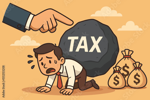 Overwhelmed taxpayer carrying heavy tax burden, stressed businessman under financial pressure, government demands, cartoon vector, money bags, economic stress, debt, finance concept