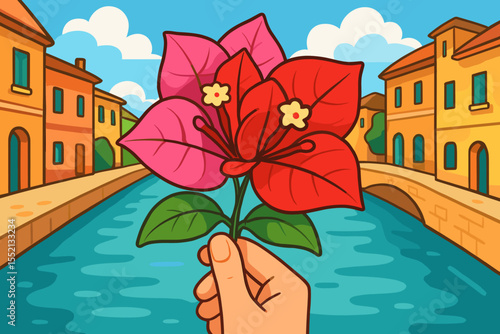 Vibrant pink and red bougainvillea flower held by hand over scenic canal with colorful Mediterranean buildings, summer travel concept, vector cartoon illustration, floral cityscape background