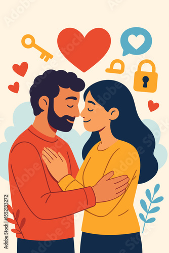Romantic couple embrace, trust and emotional connection, love relationship metaphor, heart, key and lock symbols, affectionate partners, intimacy, happiness, cartoon vector illustration