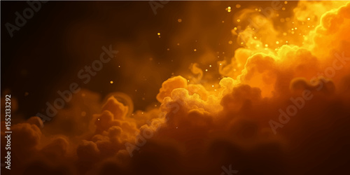 Explosion of fire and smoke in the blue sky with fluffy white clouds and sunlight