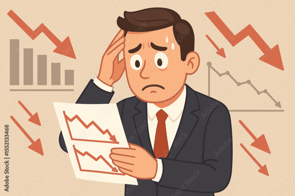 Stressed businessman analyzing financial loss, negative growth, declining sales, economic crisis, market downturn, business failure, leadership challenge, cartoon vector illustration, no text Stressed businessman analyzing financial loss, negative growth, declining sales, economic crisis, market downturn, business failure, leadership challenge, cartoon vector illustration, no text