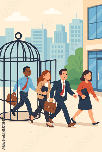 Business people leaving open birdcage, returning to office, freedom from restrictions, back to work, corporate team, employee liberation, workplace concept, city background, vector illustration