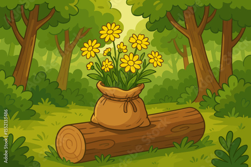 Bright Yellow Wildflowers in Burlap Sack on Fallen Log in Lush Green Forest. Cartoon Nature Scene. Spring Meadow Flowers Arrangement. Woodland Landscape. Botanical Vector Illustration