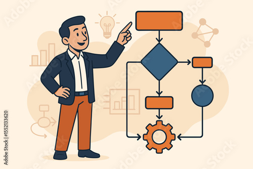 Businessman presents a workflow flowchart. Concept of business process management, project planning, strategy, and optimization. Algorithm, decision making, efficiency, automation.