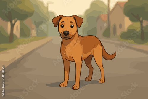 Lonely stray dog cartoon illustration. Lost homeless pet standing alone on a quiet neighborhood street. Concept of animal welfare, pet adoption, abandonment, and rescue shelter.