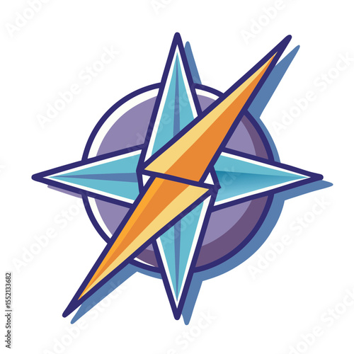 Stylized compass rose with orange and blue points and purple circle