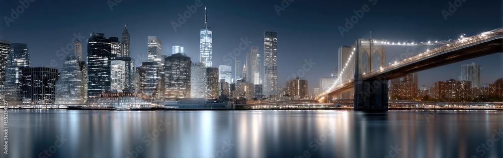 Obraz premium New York City skyline illuminated at night, showcasing iconic skyscrapers and a bridge with reflections on the water below