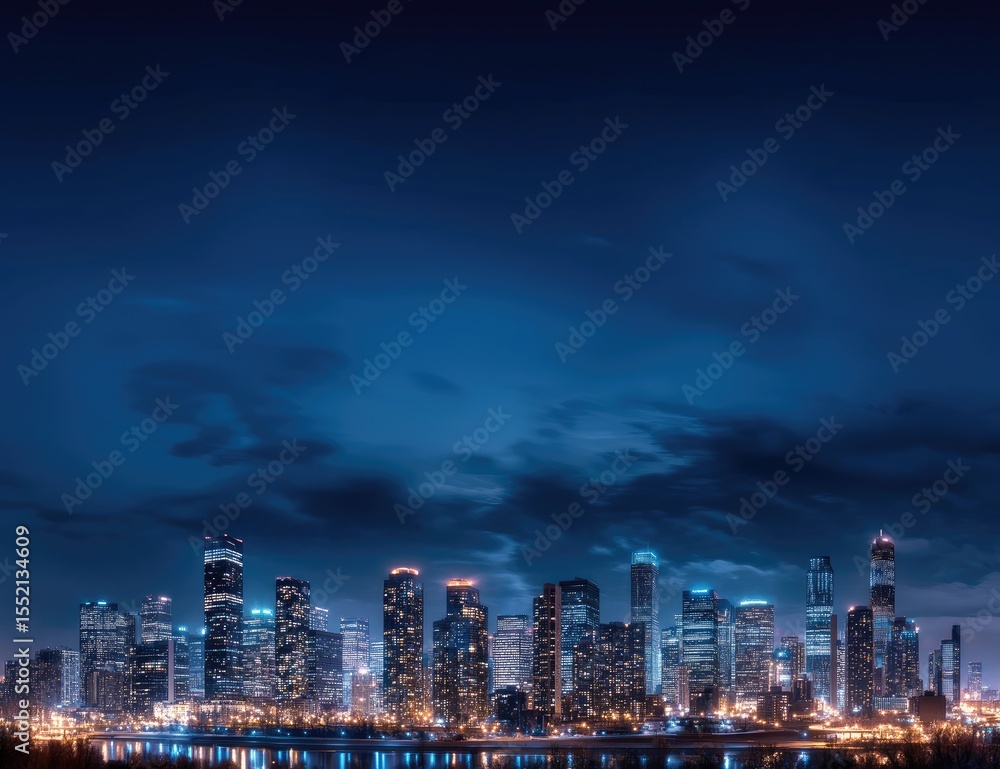 Fototapeta premium Skyscrapers glow under a dark purple sky, highlighting the vibrant nightlife and urban energy of the bustling city after sunset