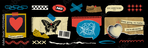 Set of retro vector collage elements including torn paper, vintage newspaper clippings, notebook scraps, tape, stickers, barcode, photo frame, and halftone heart. Perfect for poster and vintage banner