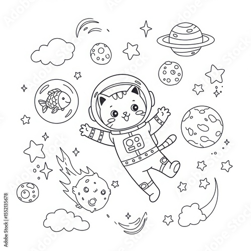 Cat astronaut coloring page with planets and stars in space  