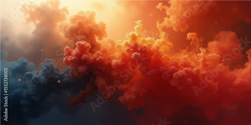 Explosive sky of fire and smoke against a colorful, fiery cloudscape