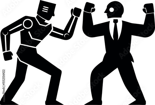 Robot versus businessman confrontation silhouette vector illustration