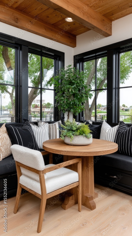 Obraz premium This cozy corner nook showcases light wood seating, a round table, and large windows bringing in natural light, accented by plants