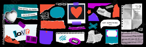 Set of vector textures of paper, old newspapers, music sheet torn into pieces. Pinned Clippings of notebook and cardboard with photo frame, barcode and stickers in retro style. Trendy Y2K items.