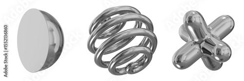 3D Chrome Metallic Abstract Shape Objects, 3d rendering steel gradient shape design element, futuristic, shiny design