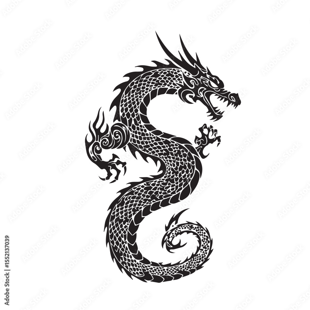 Fototapeta premium Vector illustration of a fierce dragon in tribal tattoo style, full body design with flames and horns, thick black lines and curved shapes,