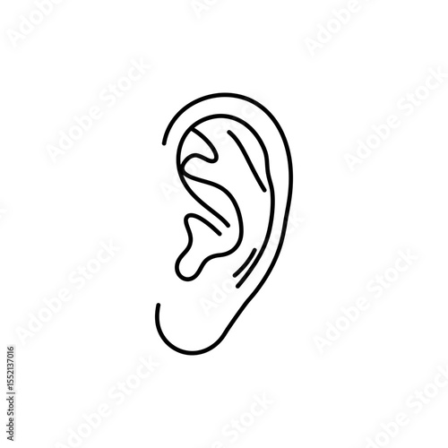 Black line icon of human ear in side view showing helix lobe and outer ear structure