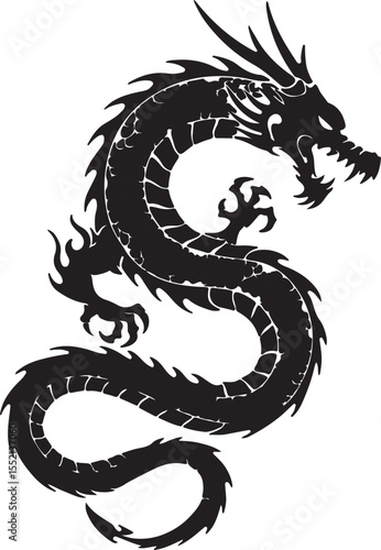 Vector illustration of a fierce dragon in tribal tattoo style, full body design with flames and horns, thick black lines and curved shapes,
