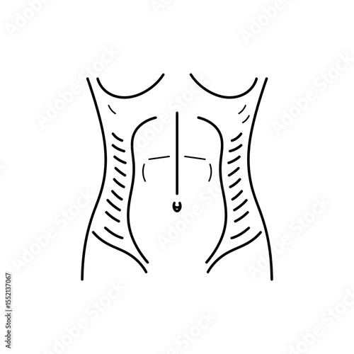 Outlined Black Line Icon of Human Abdomen with Muscle Structure and Navel Details
