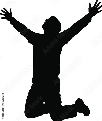 Silhouette of a Person Kneeling and Celebrating with Raised Arms, Transparent Background.