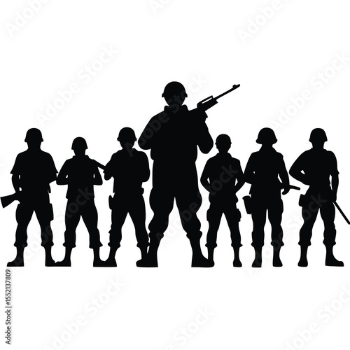 Eight Black Silhouette Soldiers Standing with Rifles