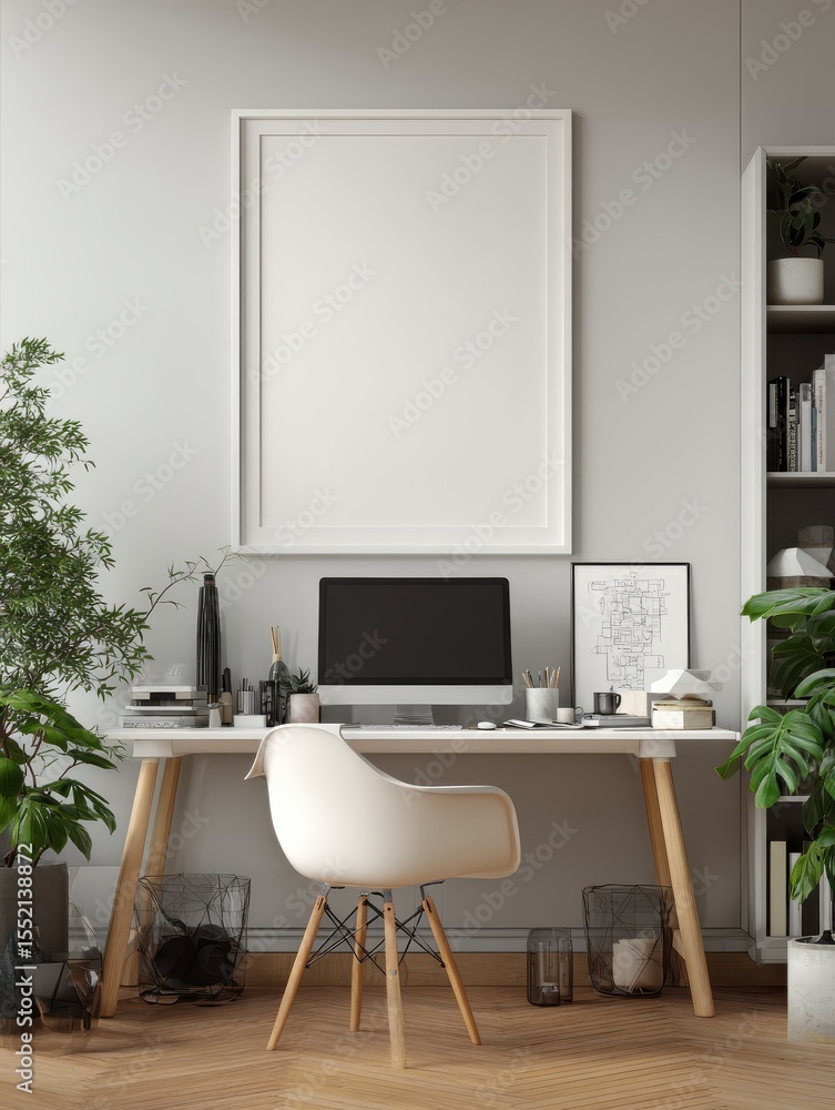 Fototapeta premium A working room there is an poster empty white with a computer desk and A chair and poster mockup highquality engaging highquality professional.