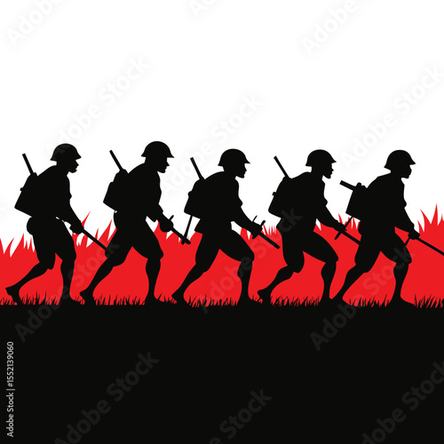 Five silhouetted soldiers marching with rifles army