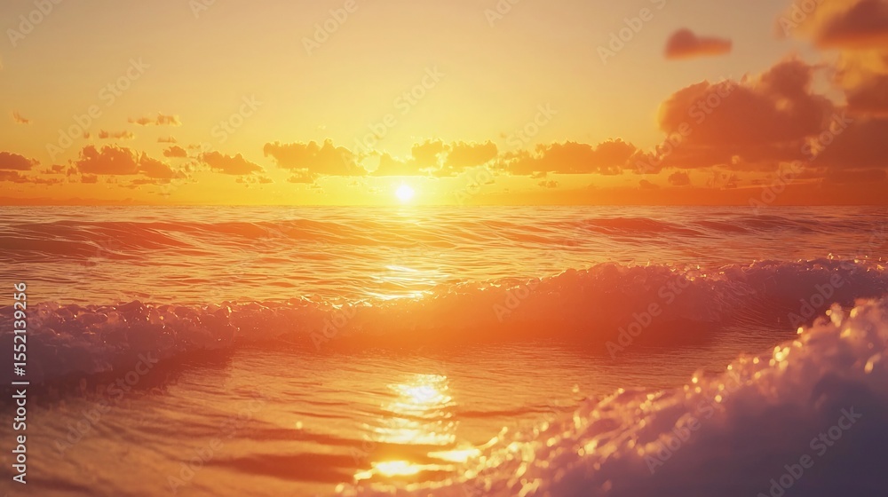 Fototapeta premium Sun Setting Over Ocean Waves with Golden Hour Reflection and Serene Mood